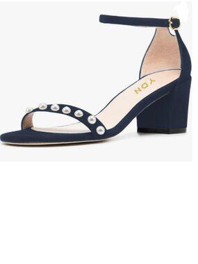 YDN Navy Open Toe Pearl Studded Sandals Ankle Strap Block Low Heels Casual Shoes